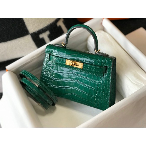 H**mes kelly mini ii sellier bag in green crocodile embossed leather