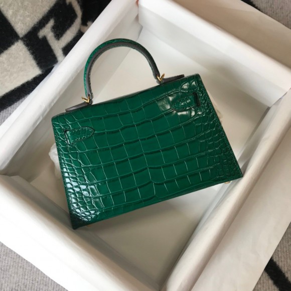 H**mes kelly mini ii sellier bag in green crocodile embossed leather