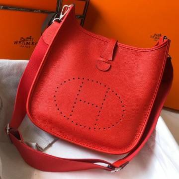 Hermes Evelyne III 29 Bag In Red Clemence Leather Hermes Evelyne III 29 Bag In Red Clemence Leather
