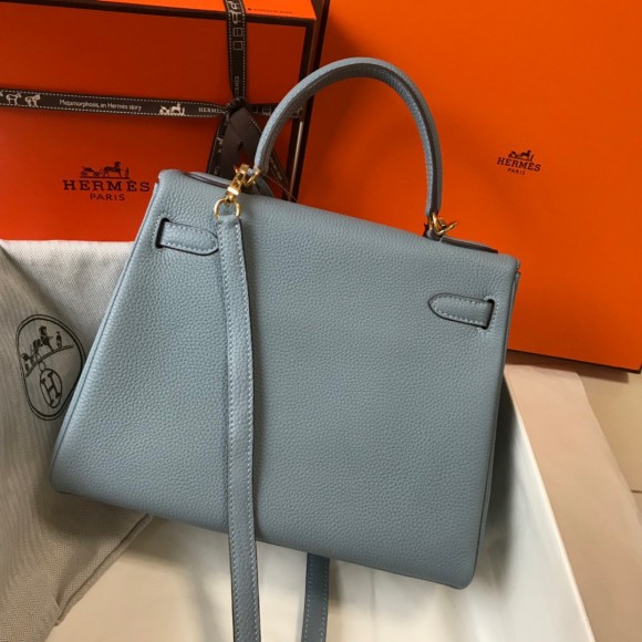 H**mes kelly 32cm retourne bag in blue lin clemence leather ghw