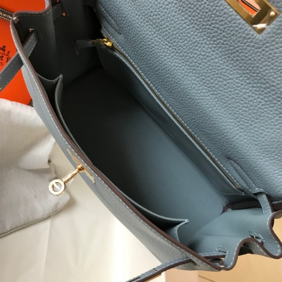 H**mes kelly 32cm retourne bag in blue lin clemence leather ghw