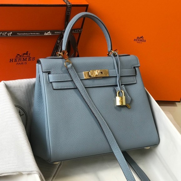 H**mes kelly 32cm retourne bag in blue lin clemence leather ghw