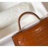 Hermes Kelly Mini II Sellier Bag In Gold Crocodile Embossed Leather