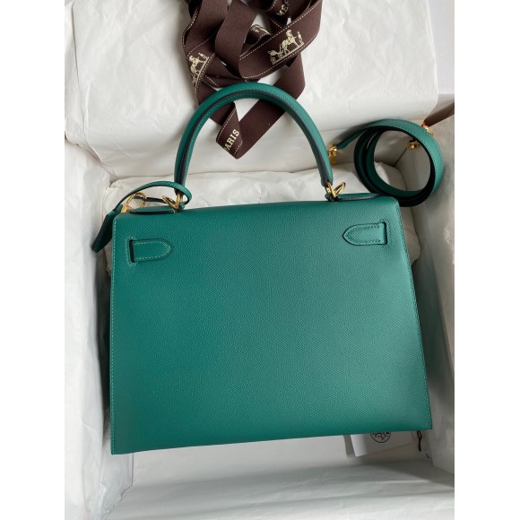 H**mes kelly sellier 32 handmade bag in malachite epsom calfskin