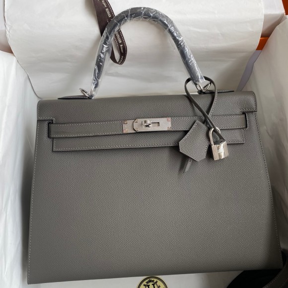 H**mes kelly sellier 32 handmade bag in etain epsom calfskin