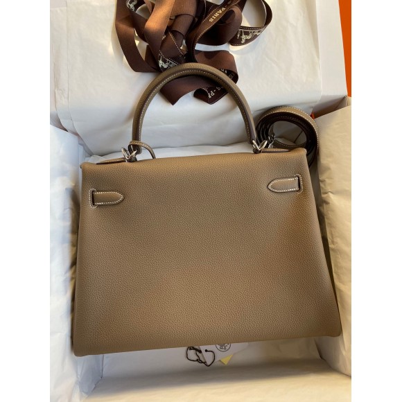 H**mes kelly retourne 32 handmade bag in taupe clemence leather