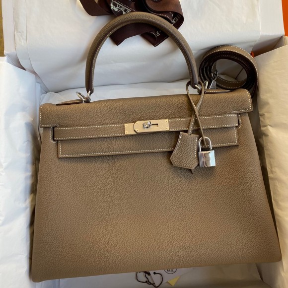 H**mes kelly retourne 32 handmade bag in taupe clemence leather