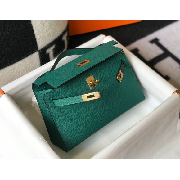 H**mes kelly pochette clutch bag in malachite epsom leather