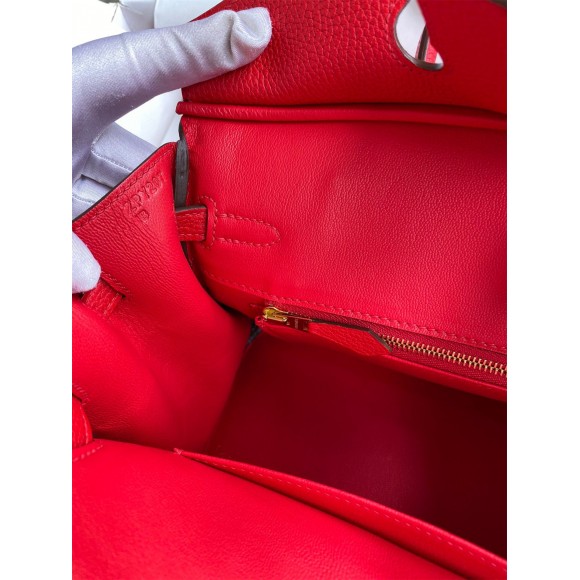 H**mes birkin 25 retourne handmade bag in red clemence leather