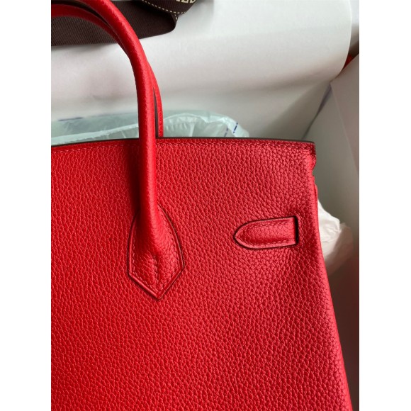 H**mes birkin 25 retourne handmade bag in red clemence leather