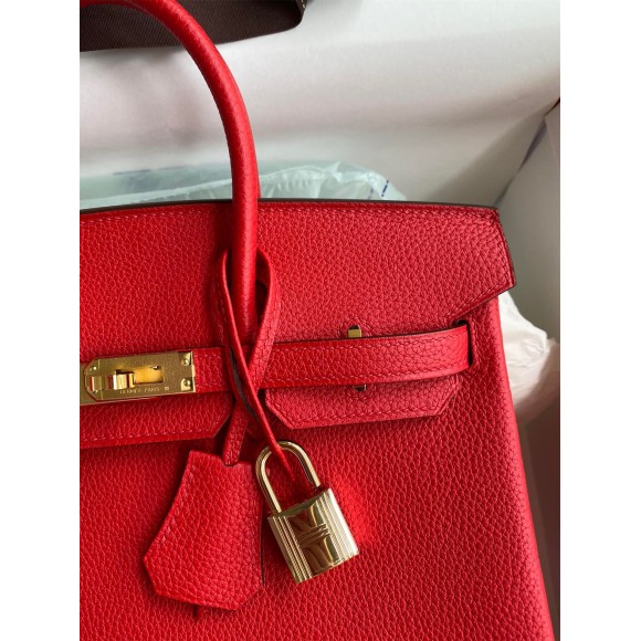 H**mes birkin 25 retourne handmade bag in red clemence leather