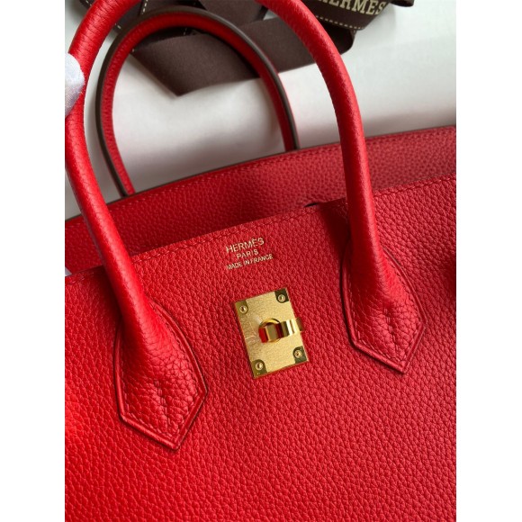 H**mes birkin 25 retourne handmade bag in red clemence leather