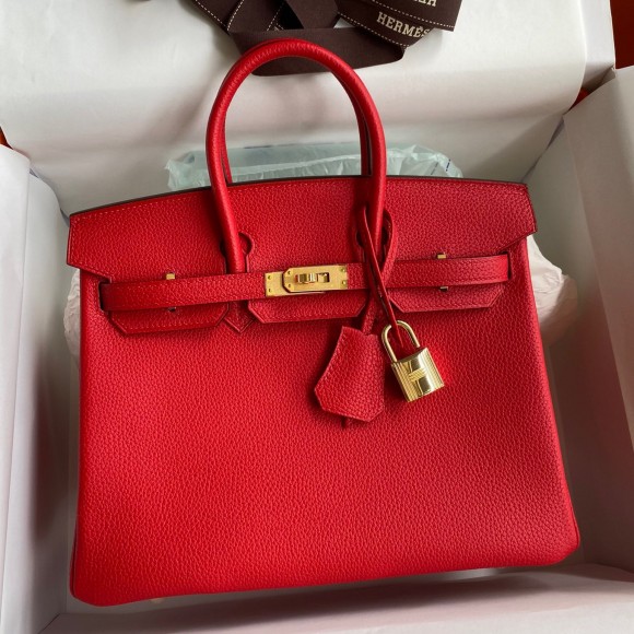 H**mes birkin 25 retourne handmade bag in red clemence leather