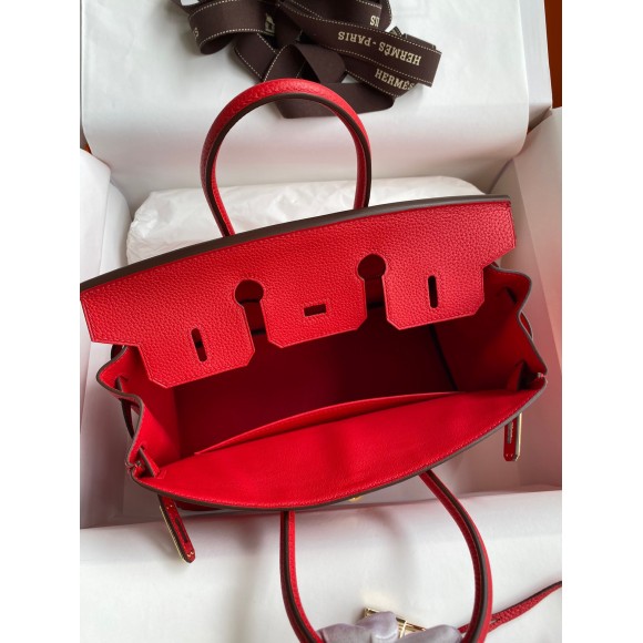 H**mes birkin 25 retourne handmade bag in red clemence leather