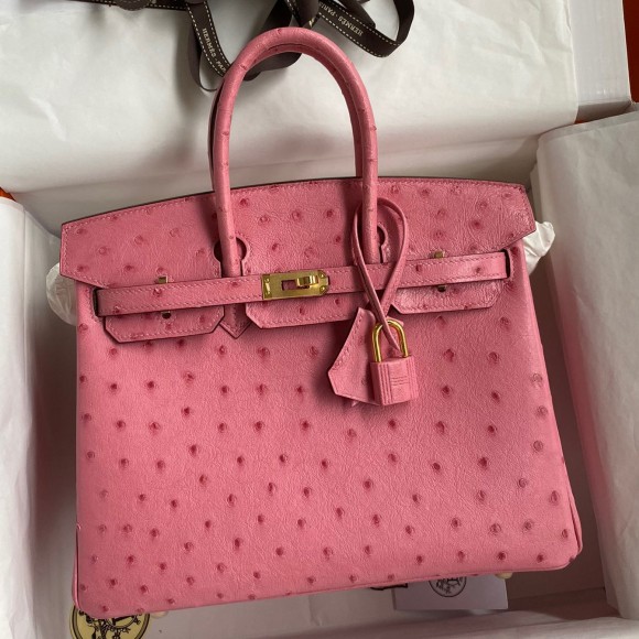 H**mes birkin 25 retourne handmade bag in pink ostrich leather