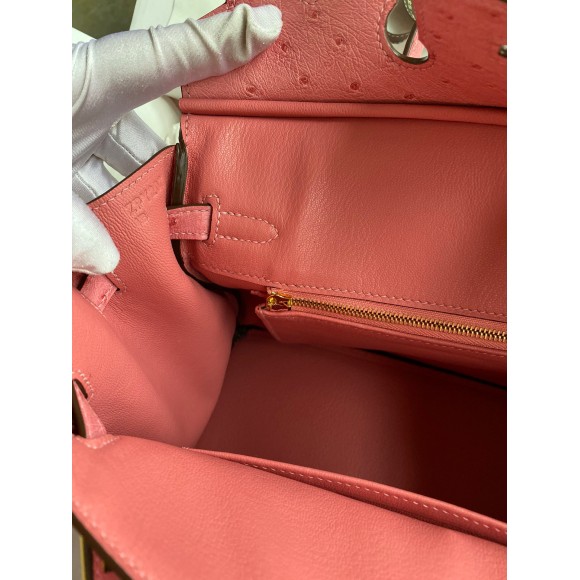 H**mes birkin 25 retourne handmade bag in pink ostrich leather