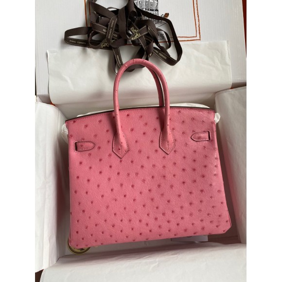 H**mes birkin 25 retourne handmade bag in pink ostrich leather