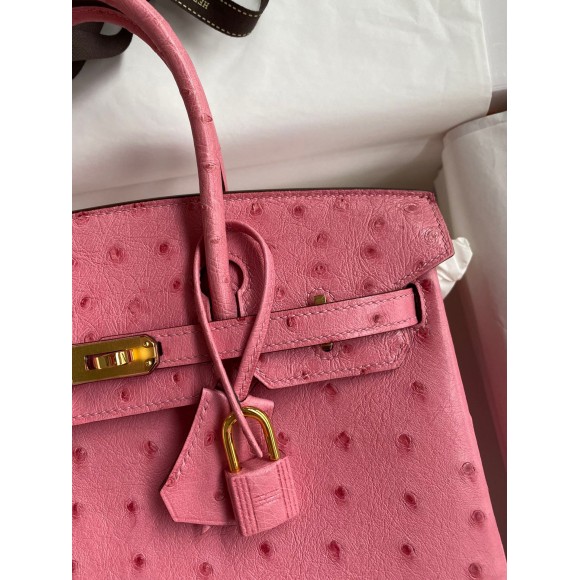 H**mes birkin 25 retourne handmade bag in pink ostrich leather