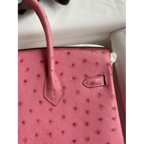 H**mes birkin 25 retourne handmade bag in pink ostrich leather