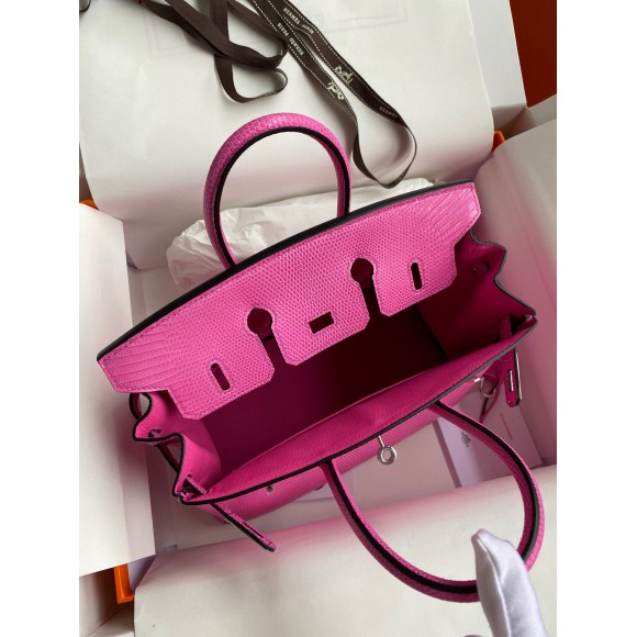 H**mes birkin 25 retourne handmade bag in pink lizard leather