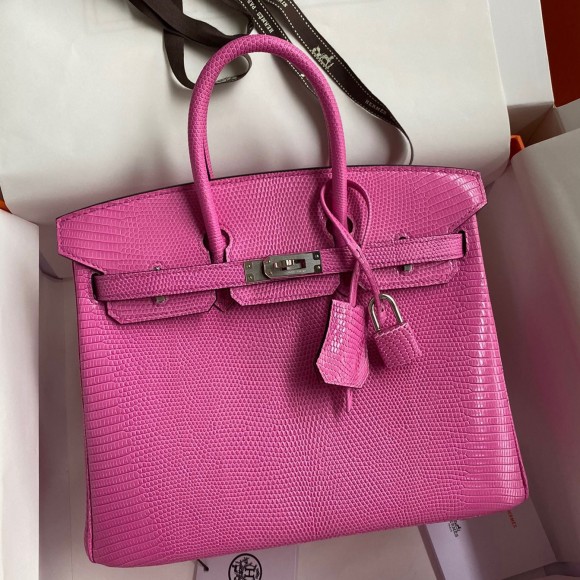 H**mes birkin 25 retourne handmade bag in pink lizard leather