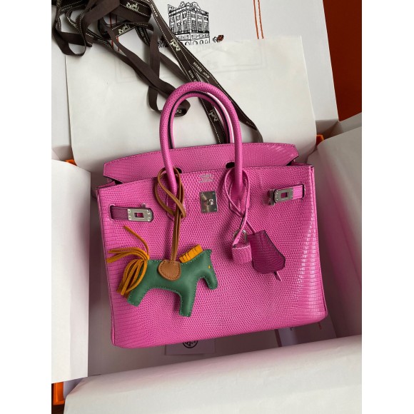 H**mes birkin 25 retourne handmade bag in pink lizard leather