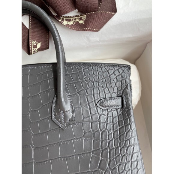 H**mes birkin 25 retourne handmade bag in graphite matte alligator leather