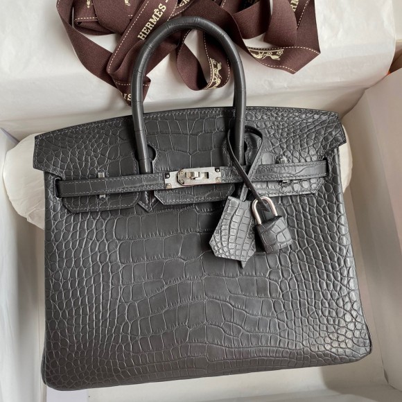 H**mes birkin 25 retourne handmade bag in graphite matte alligator leather