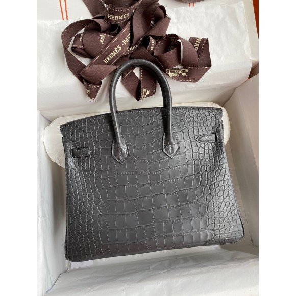 H**mes birkin 25 retourne handmade bag in graphite matte alligator leather