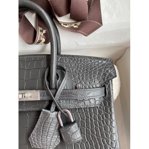 H**mes birkin 25 retourne handmade bag in graphite matte alligator leather