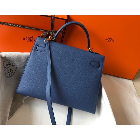 H**mes kelly 32cm sellier bag in blue agate epsom calfskin ghw