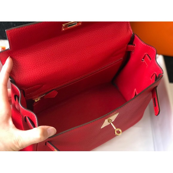 H**mes kelly 28cm retourne bag in red clemence leather ghw