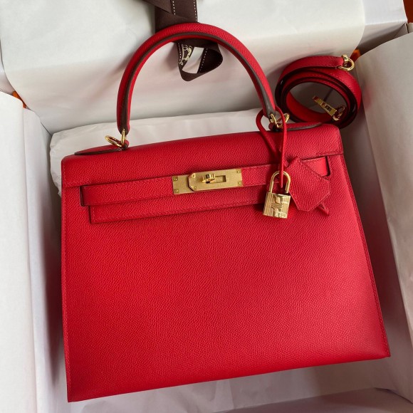 H**mes kelly sellier 28 handmade bag in red epsom calfskin