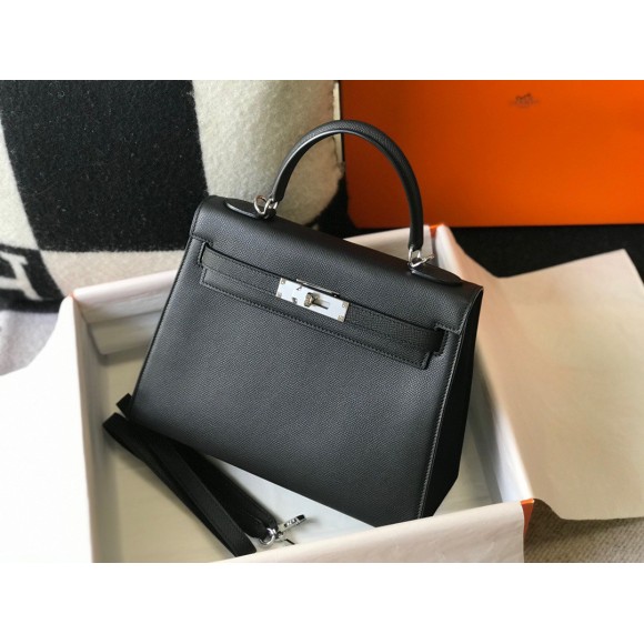 H**mes kelly 25cm sellier bag in black epsom calfskin phw