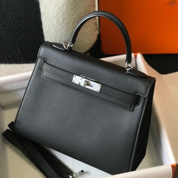 H**mes kelly 25cm sellier bag in black epsom calfskin phw