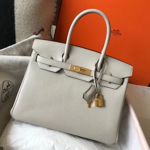 H**mes birkin 30 bag in pearl grey clemence leather with ghw