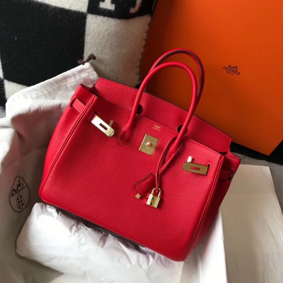 H**mes birkin 30 bag in red clemence leather with ghw