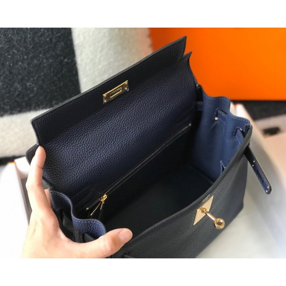 H**mes kelly 32cm retourne bag in dark blue clemence leather ghw