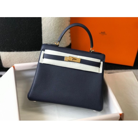 H**mes kelly 32cm retourne bag in dark blue clemence leather ghw