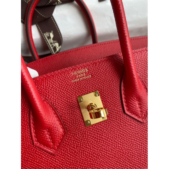 H**mes birkin 25 retourne handmade bag in red epsom calfskin