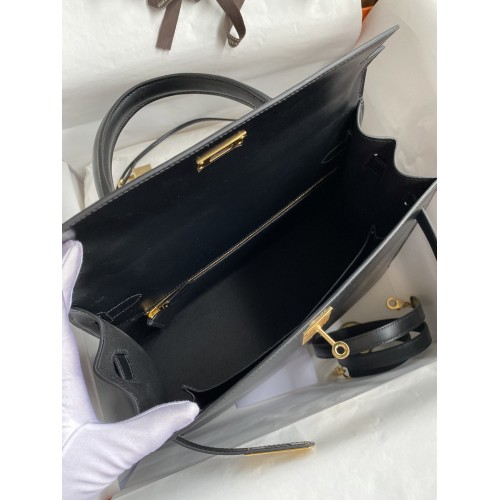 Hermes Kelly Sellier 32 Handmade Bag In Black Box Calfskin