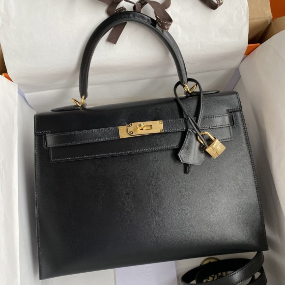 H**mes kelly sellier 32 handmade bag in black box calfskin