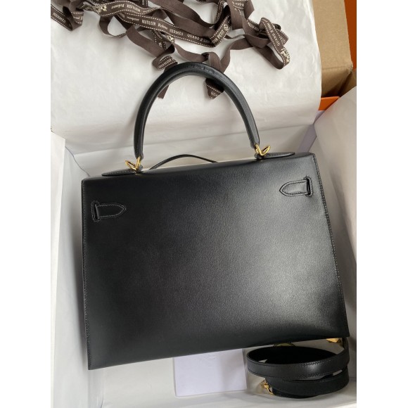 H**mes kelly sellier 32 handmade bag in black box calfskin