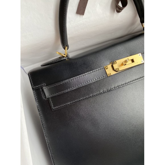 H**mes kelly sellier 32 handmade bag in black box calfskin