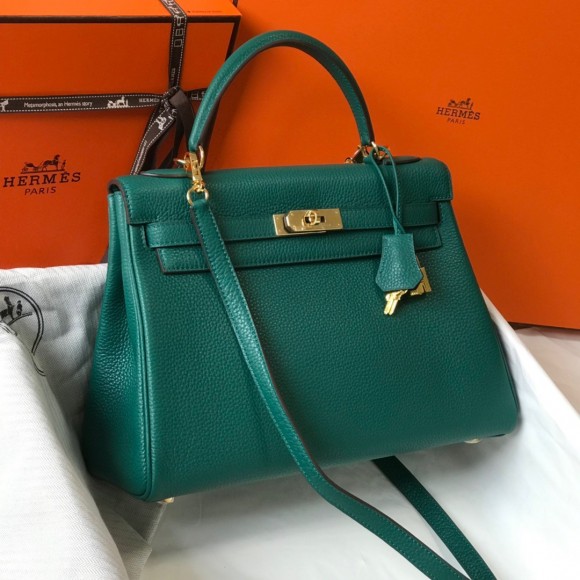 H**mes kelly 32cm retourne bag in malachite clemence leather ghw