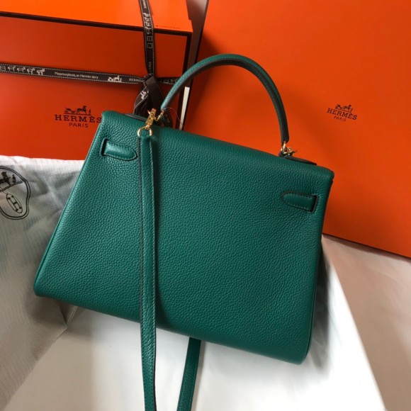 H**mes kelly 32cm retourne bag in malachite clemence leather ghw