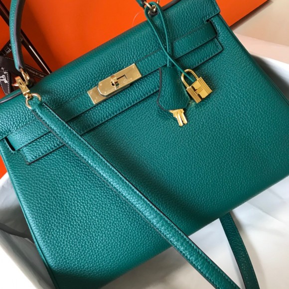 H**mes kelly 32cm retourne bag in malachite clemence leather ghw