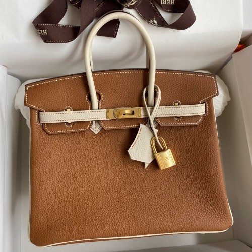 Hermes HSS Birkin 25 Bicolor Bag in Gold and Craie Clemence Leather Hermes HSS Birkin 25 Bicolor Bag in Gold and Craie Clemence Leather
