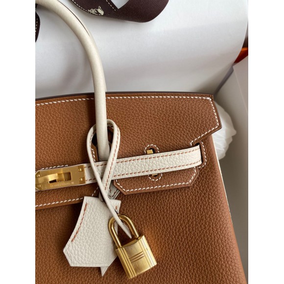 H**mes hss birkin 25 bicolor bag in gold and craie clemence leather