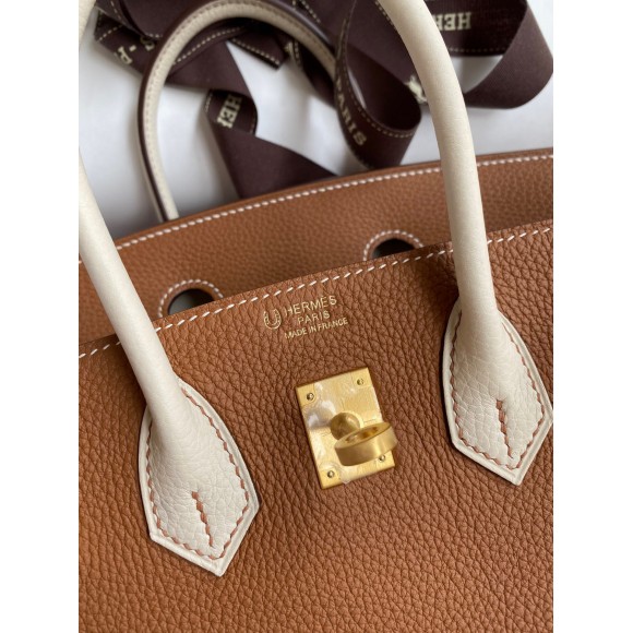 H**mes hss birkin 25 bicolor bag in gold and craie clemence leather